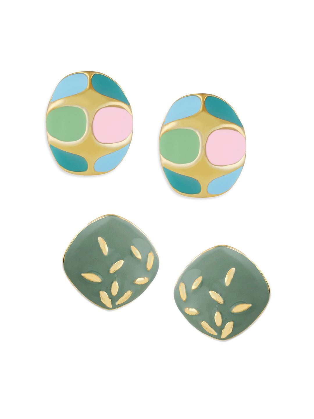 Gold-Plated Enamelled Stud Earrings – Mismatched Contemporary Pair – Gold-Toned Finish
