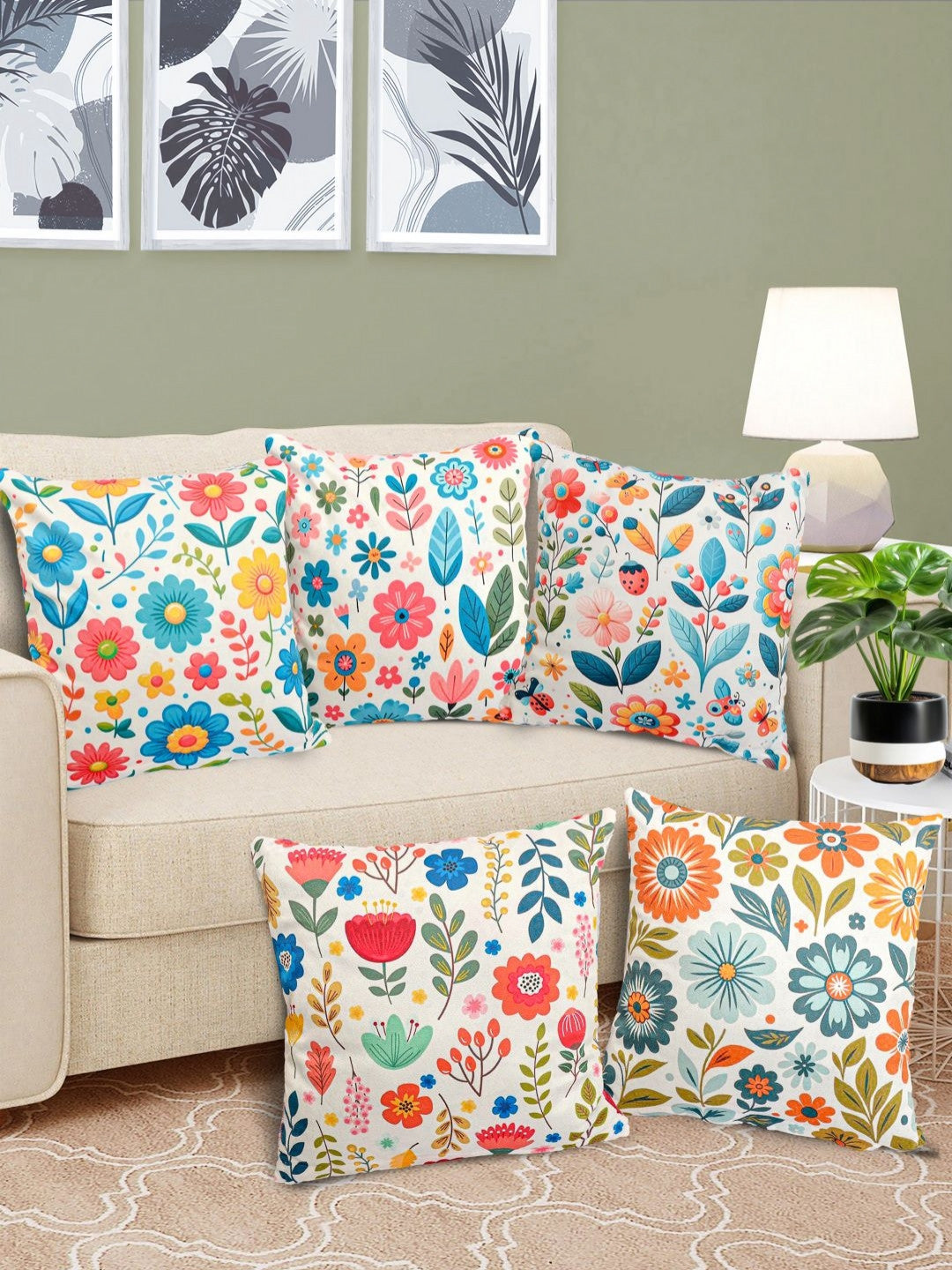 Lot de 5 housses de coussin réversibles blanches à motif floral, en velours imprimé numérique, 40 x 40 cm