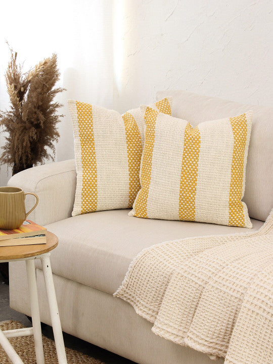 Square Yellow Striped Pillow Covers – Cotton – 2pc Set