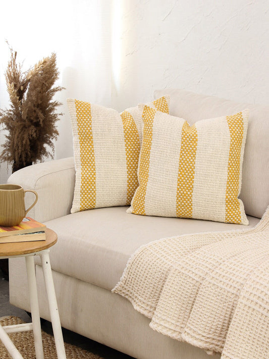 Square Yellow Striped Pillow Covers – Cotton – 2pc Set