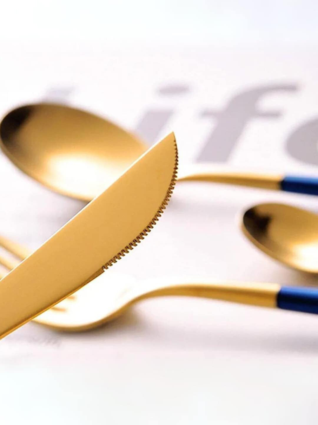 4 pcs Blue & Gold Toned Cutlery Set – Stainless Steel Flatware – Two-Tone Finish