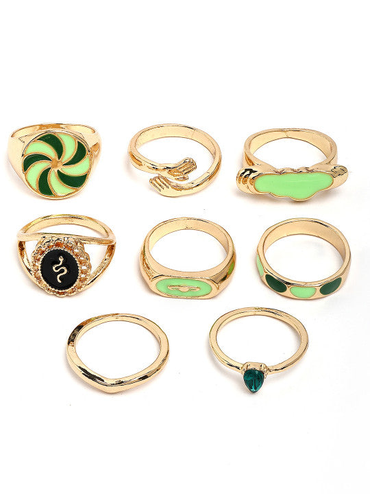8pc Ring Band Collection – Gilded Finish, Embellished Design