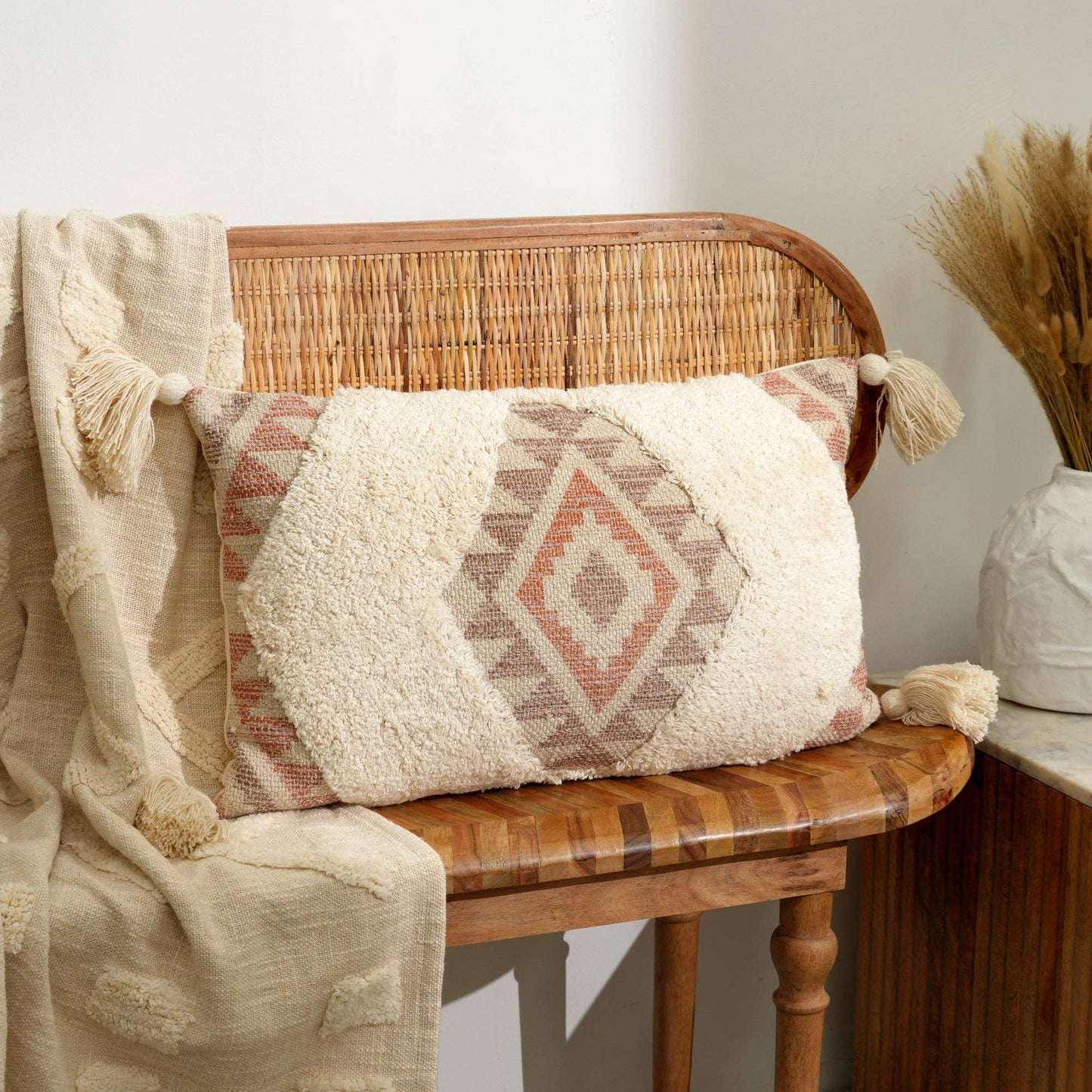 Desert Mirage Tufted Cushion with Tassels – Beige | 60x35 cm