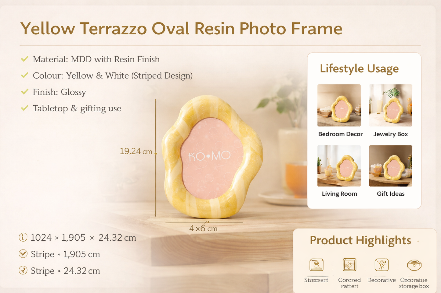 Yellow Organic Shape Photo Frame 5x7 Inch Resin Décor