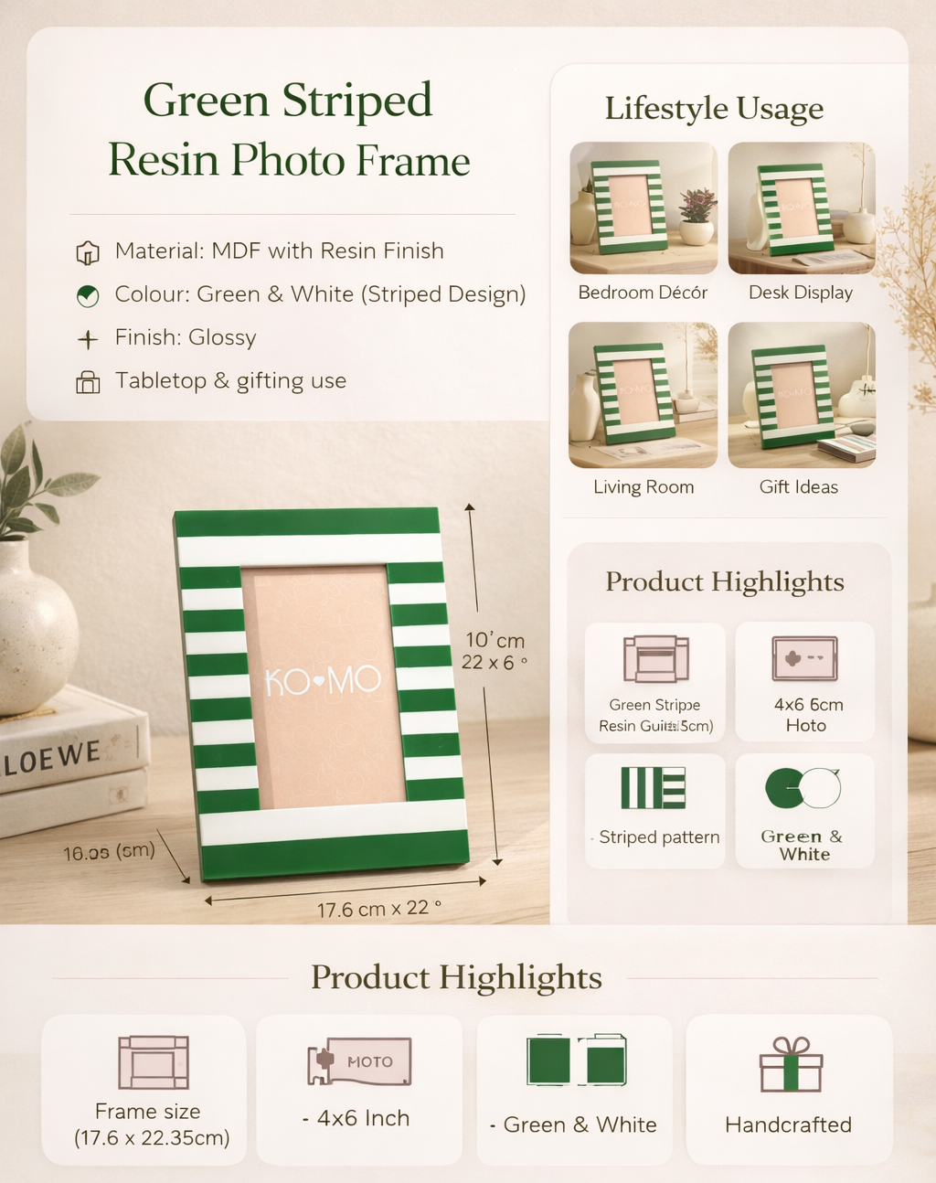 Green Striped Resin Photo Frame 4x6 Inch Modern Tabletop
