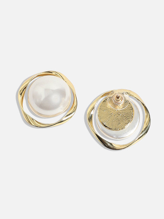 Gold-Tone Pearl Disc Studs – Fashion Earwear – Plated Finish, Faux Pearl – Single Pair