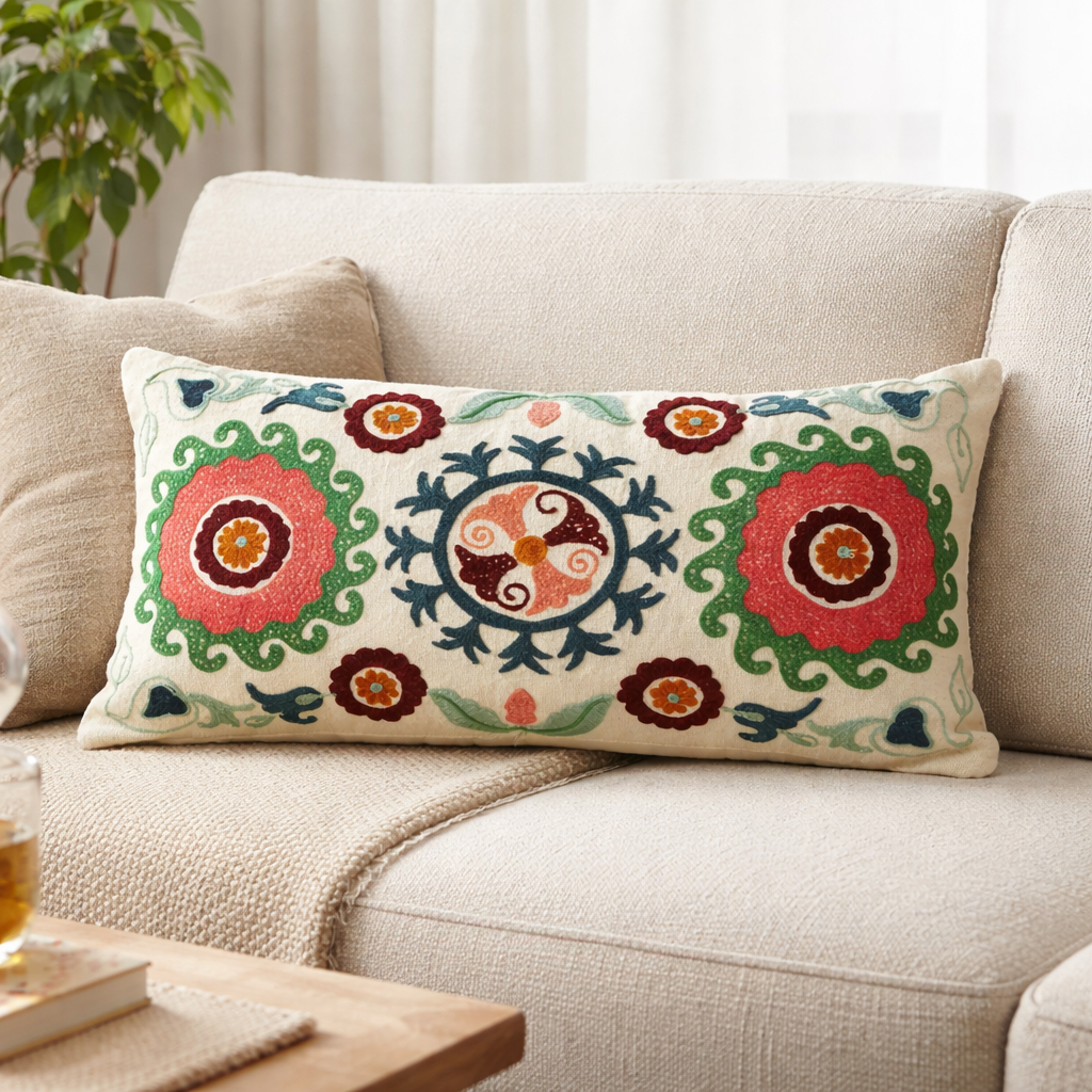 Suzani Embroidered Lumbar Cushion With Filler
