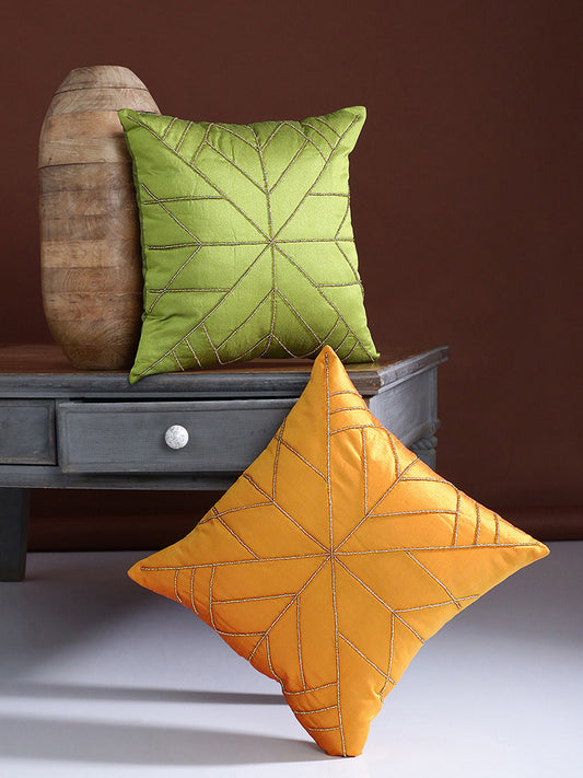 Green Embellished Square Cushion Covers – Decorative Pillowcases – Washable Polyester – 16x16 Inch 2-Piece Set