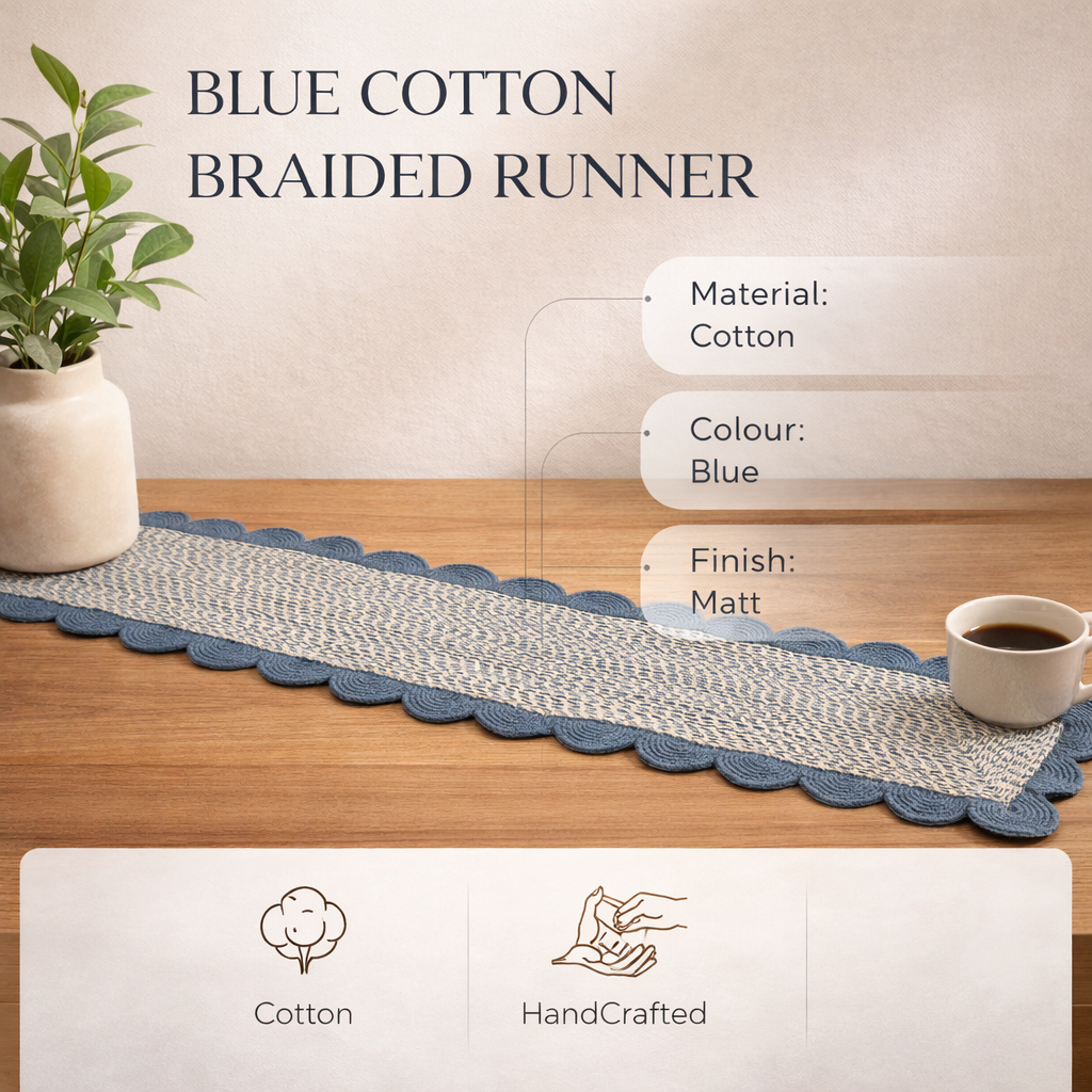 Blue Cotton Braided Table Runner – Handcrafted Dining Decor