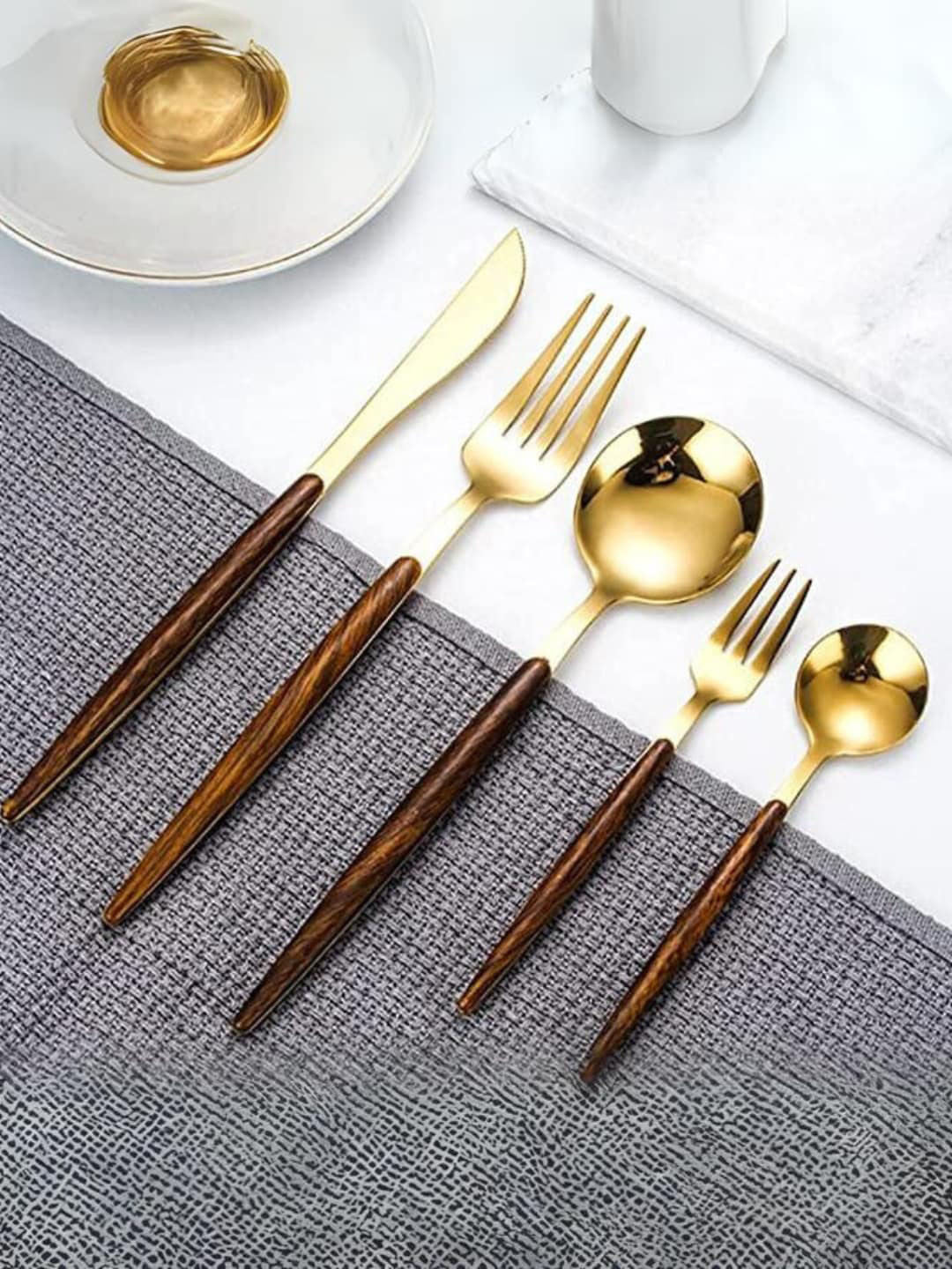 5 pcs Gold Toned & Brown Cutlery Set – Dining Utensil Set – Stainless Steel with Wooden Handle