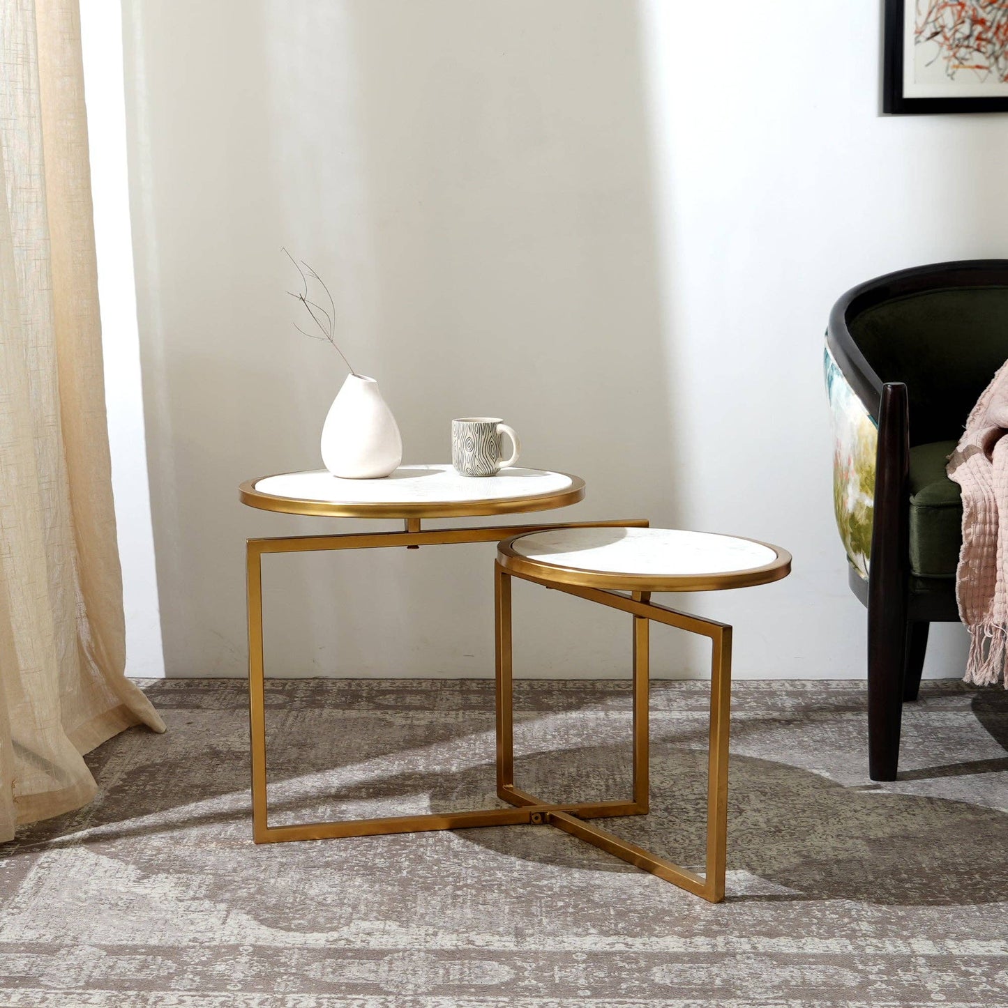 Luxury Round Marble Side Table with Gold Frame – Two Tier