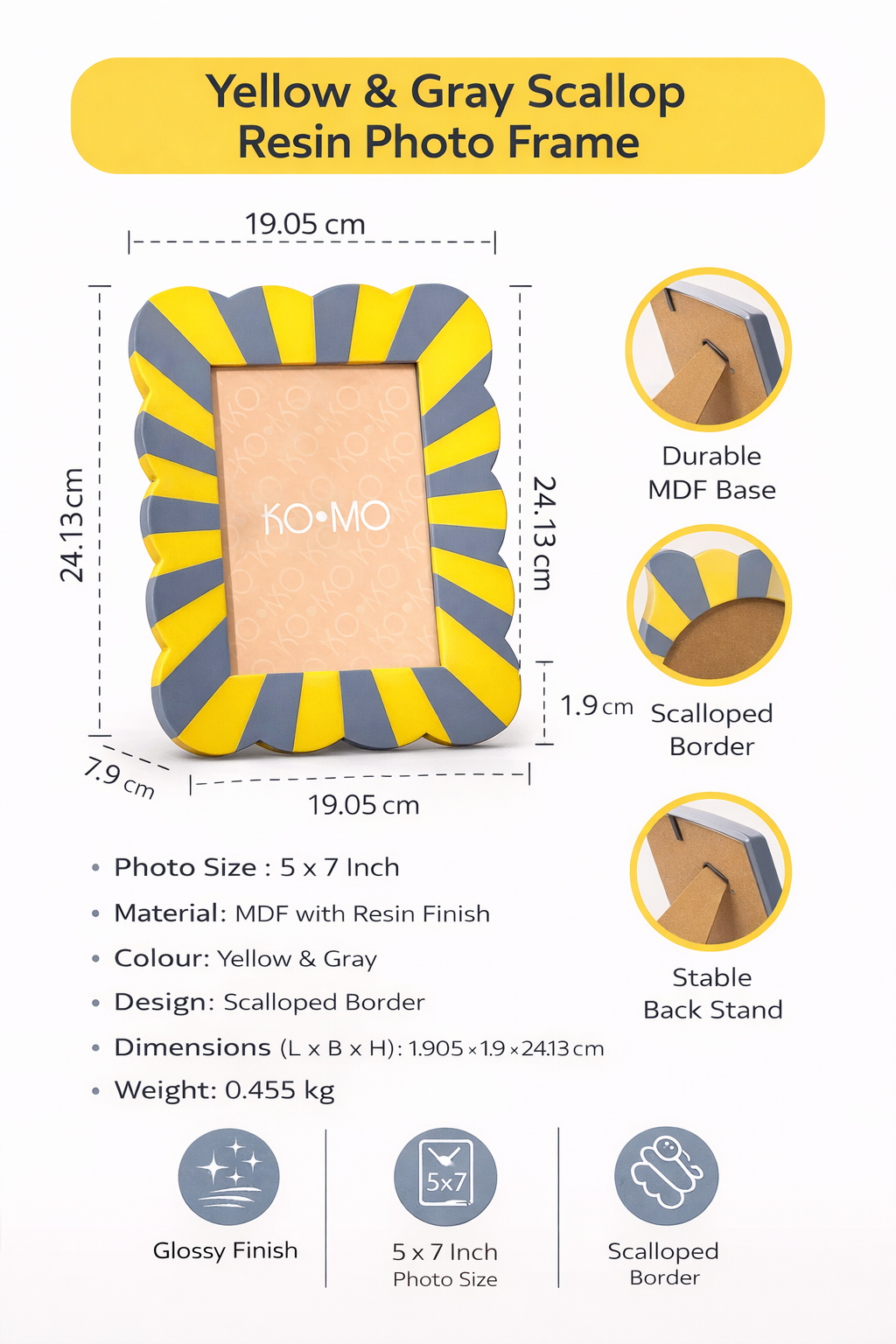 Yellow & Gray Scallop Photo Frame 5x7 Inch Resin Décor