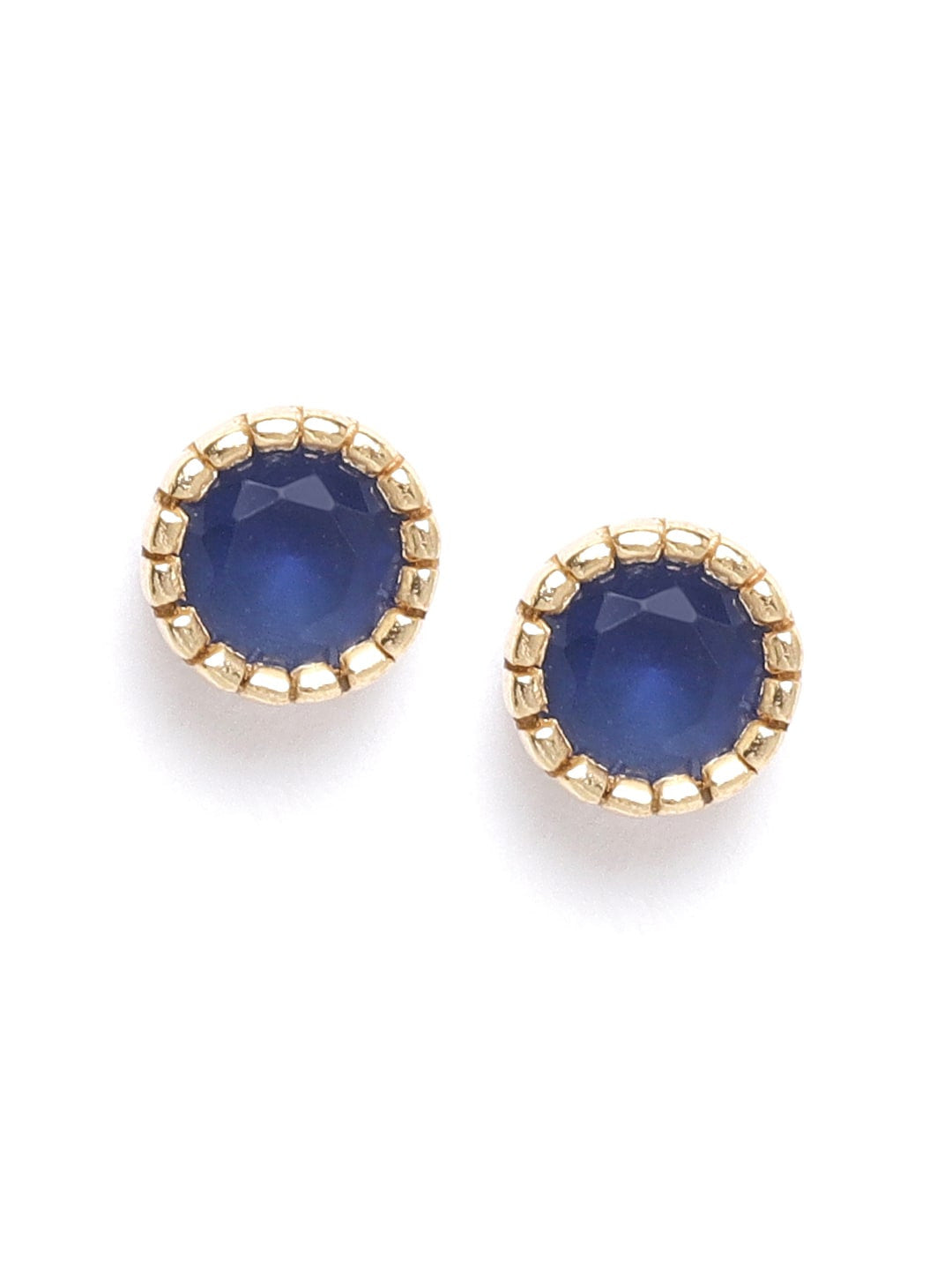 Navy Blue Circular Stud Earrings – Gold-Plated Brass – Artificial Stone Embellished