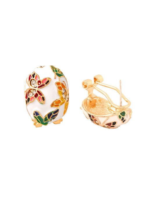 White Floral Motif Stud Earrings - Stone and Enamel Design - 1 Pair