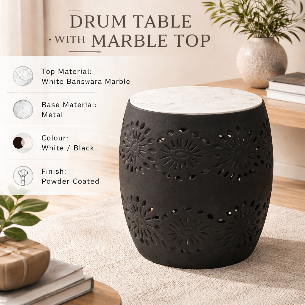 Floral Cutout Side Table with Marble Top – Elegant Accent