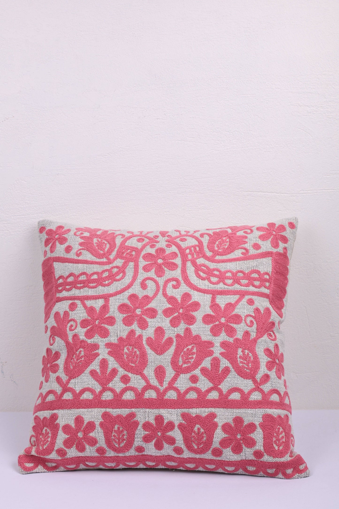Pink Embroidered Cotton Cushion with Filler 45x45 cm