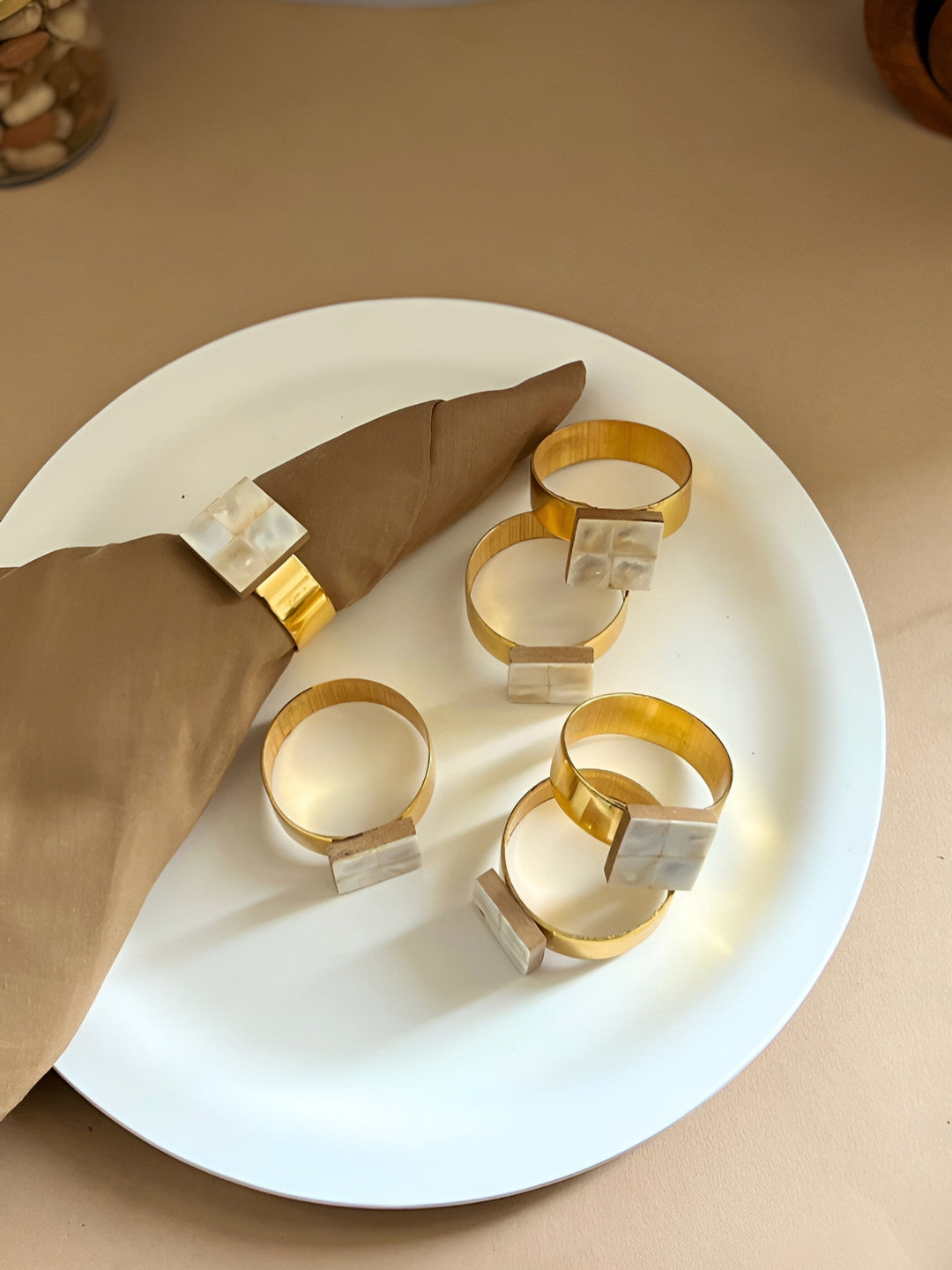 Blue & Gold Toned Square Mother of Pearl Napkin Rings – Table Accessories – Metal & MOP – 6 Pc Set