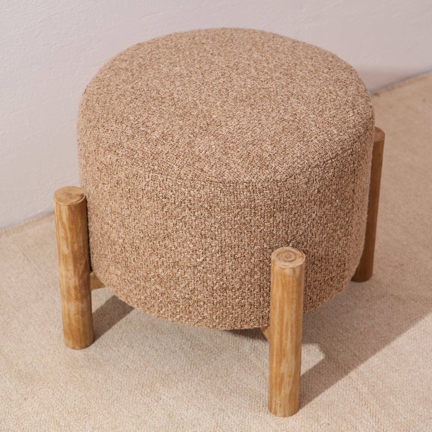 Beige Boucle Ottoman Stool with Wood Legs – 40 cm