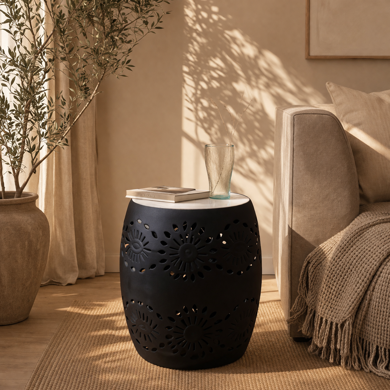 Floral Cutout Side Table with Marble Top – Elegant Accent
