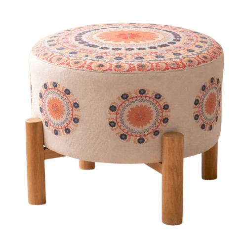 Embroidered Mandala Cotton Pouf Stool with Wooden Legs