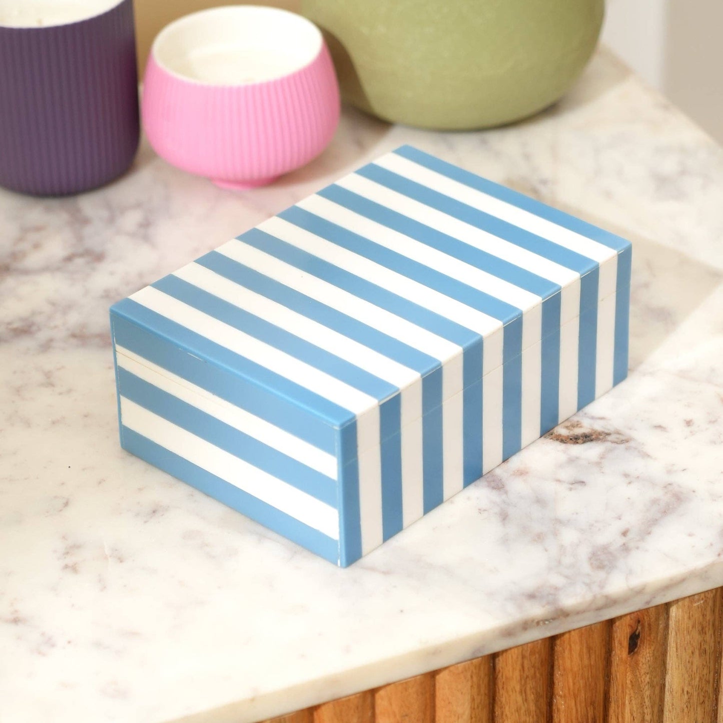 Blue Striped Resin Box Glossy MDF Storage Decor 17cm