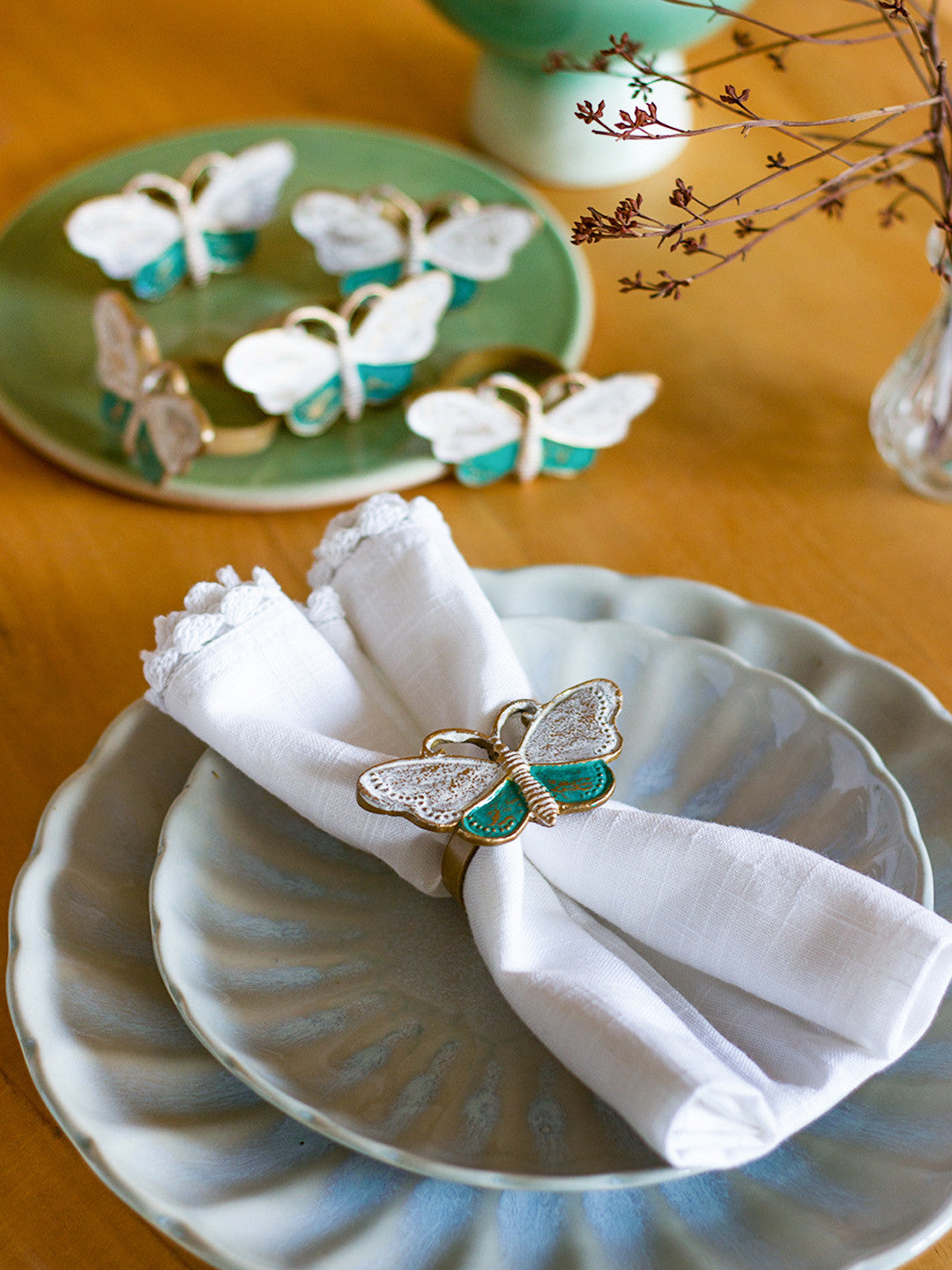 Textured Butterfly Napkin Ring – Stainless Steel – White & Blue Design