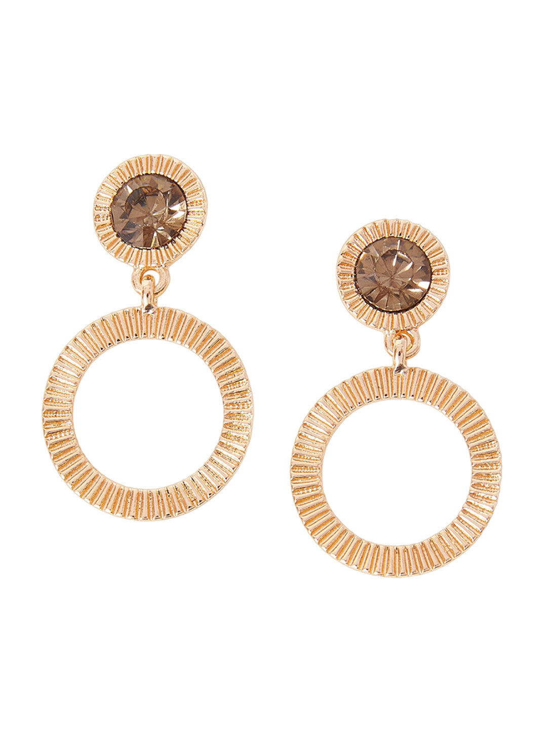 Gold-Toned Ridged Circle Drop Earrings – Fashion Jewellery – Crystal Embellished – 4cm