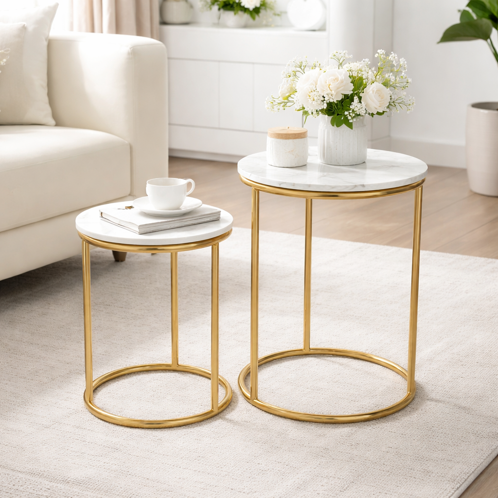 Round Marble Nesting Tables – Modern Gold Accent Set