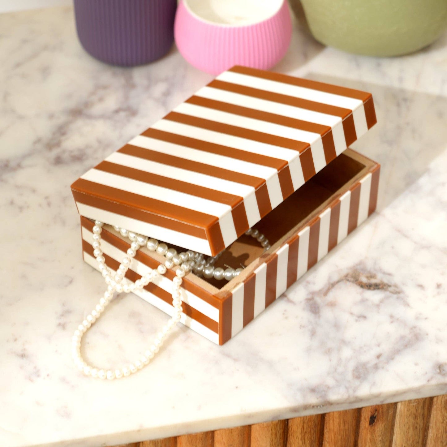 Brown Striped Resin Storage Box MDF Decorative Organizer