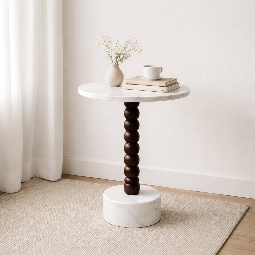 Marble & Wood Beaded Drink Table – Compact Artisanal Accent