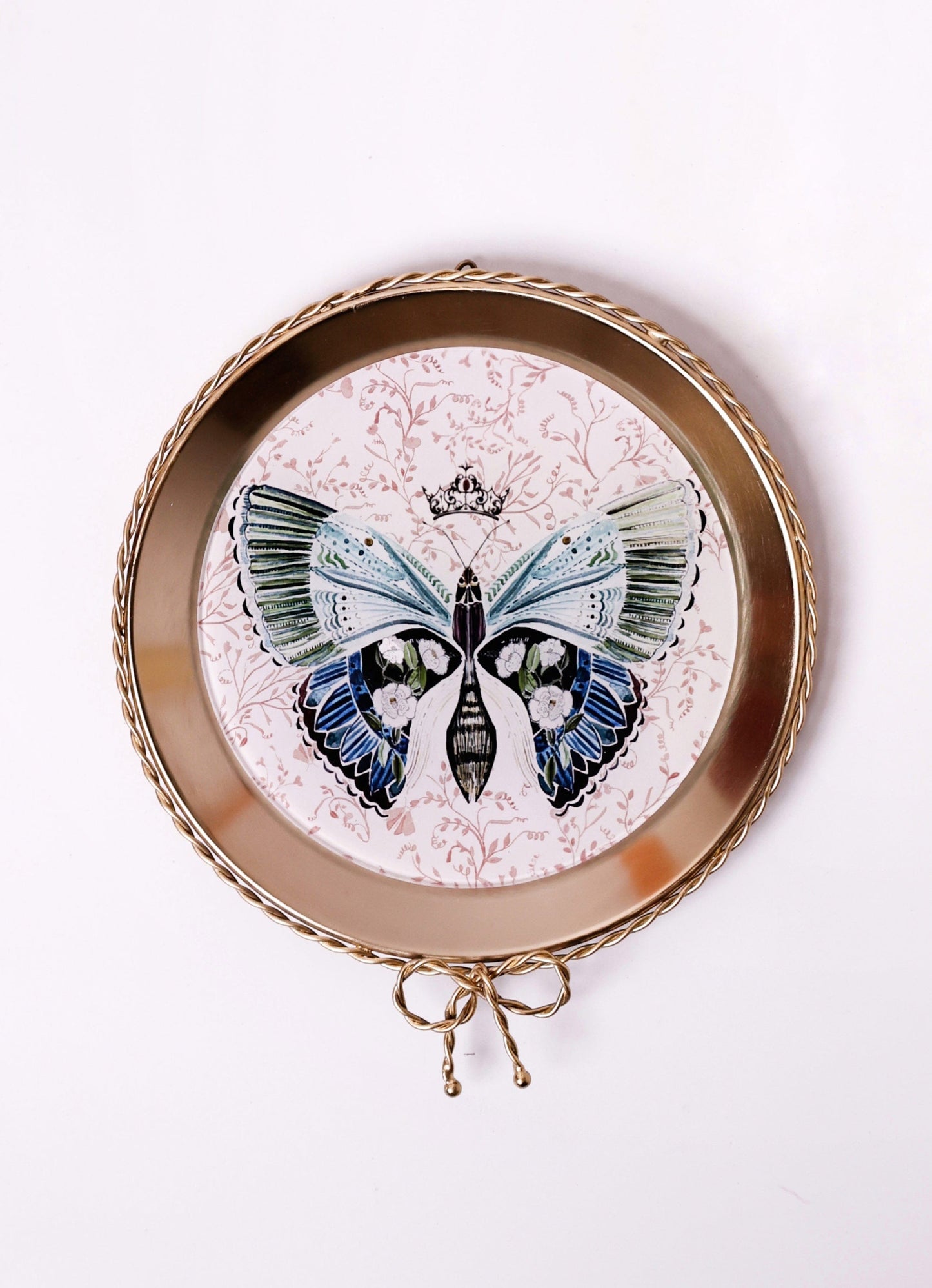 Wall Plate | Metal Acrylic Butterfly Floral | Dia-18.5 x H-1.5 cm | Gold Rim