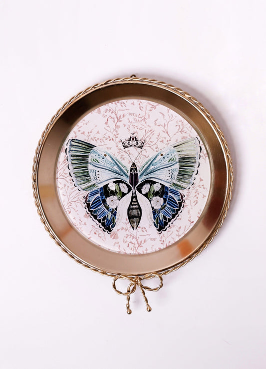 Wall Plate | Metal Acrylic Butterfly Floral | Dia-18.5 x H-1.5 cm | Gold Rim