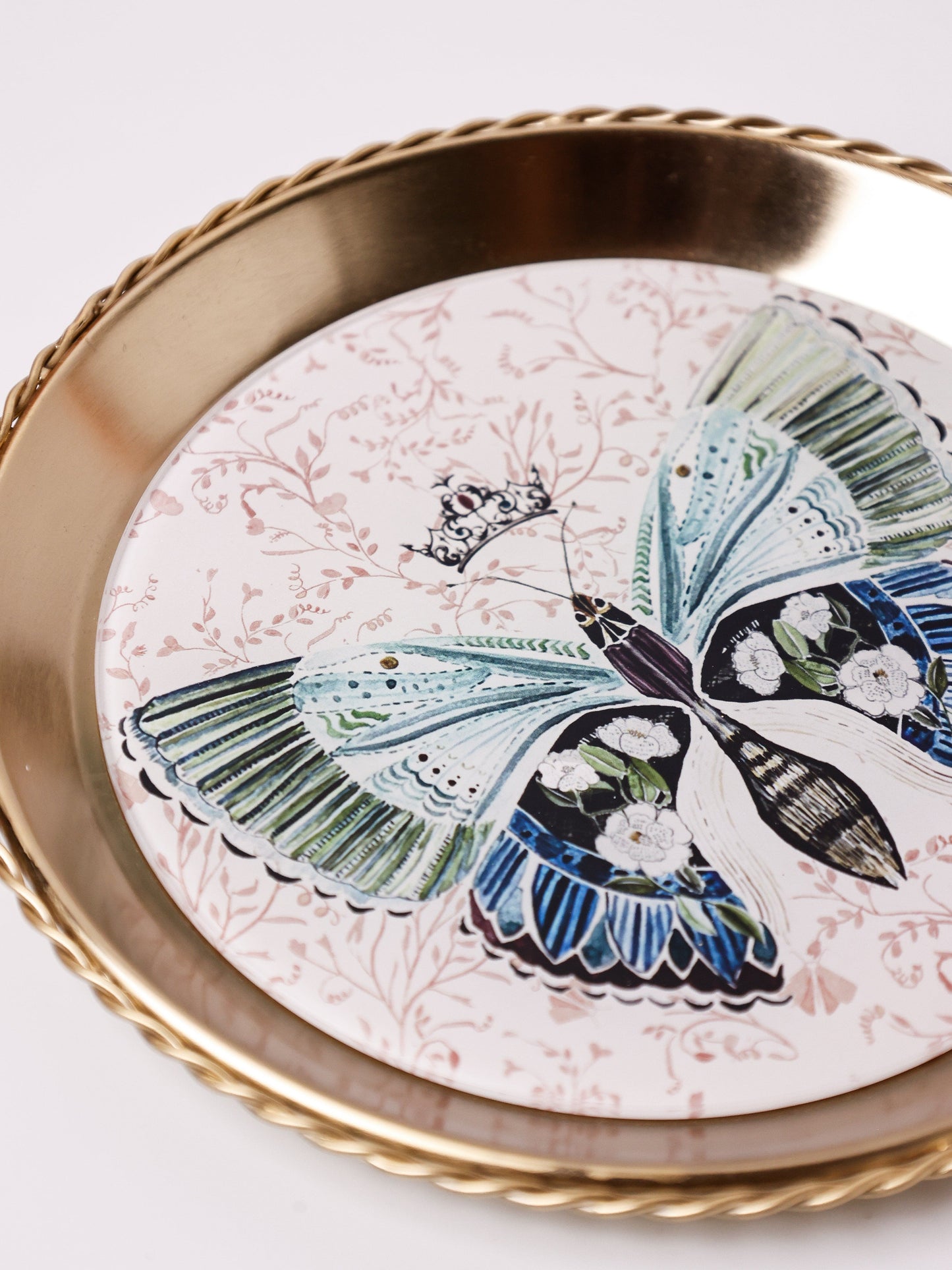 Wall Plate | Metal Acrylic Butterfly Floral | Dia-18.5 x H-1.5 cm | Gold Rim
