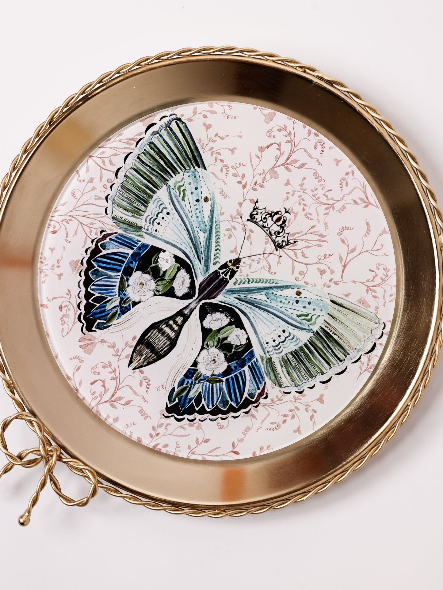 Wall Plate | Metal Acrylic Butterfly Floral | Dia-18.5 x H-1.5 cm | Gold Rim