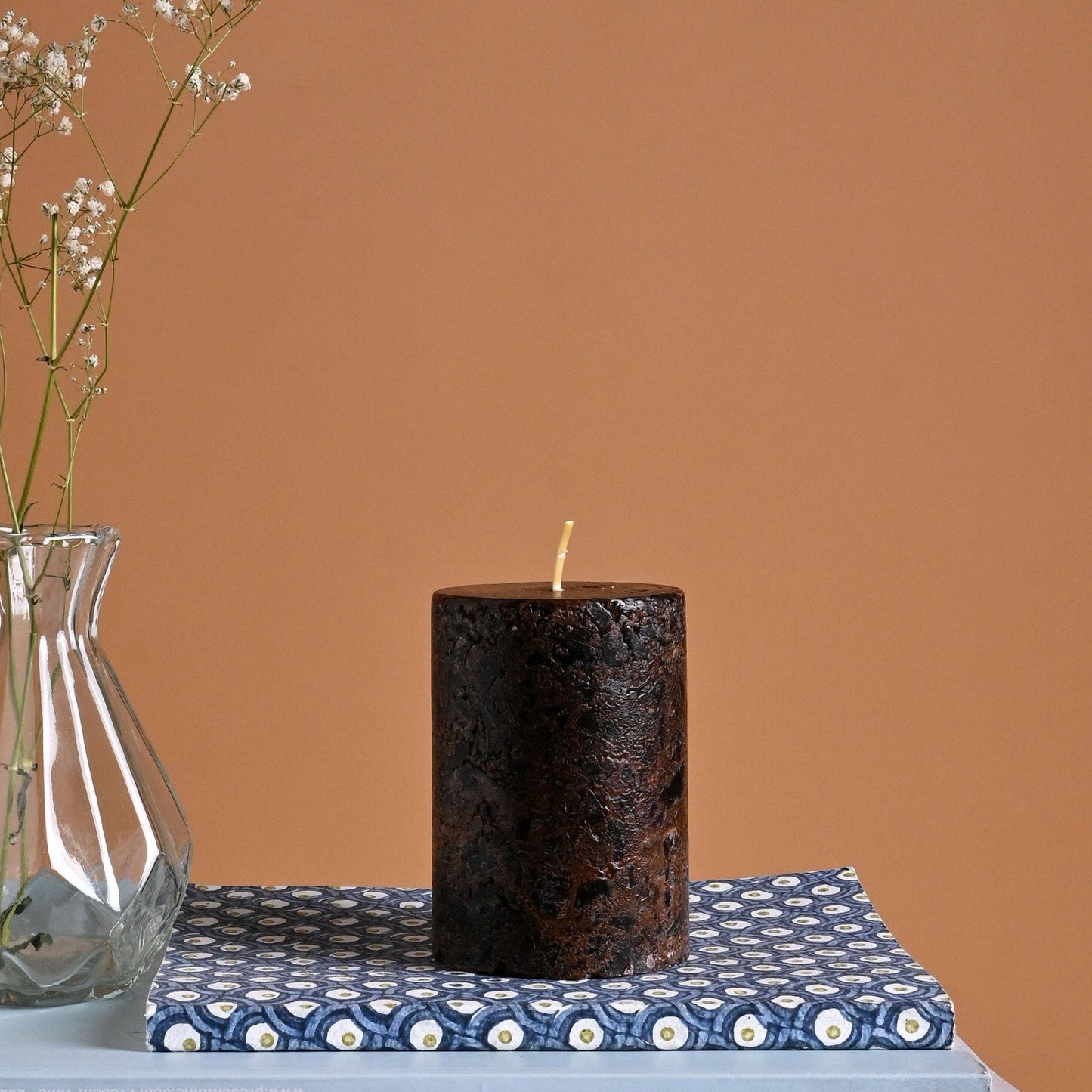 Myrrh & Amber Marble Pillar Candle – Bronze Collection | Handcrafted Marble Finish Wax Candle with Warm Resinous Fragrance | Luxurious Home Décor Accent
