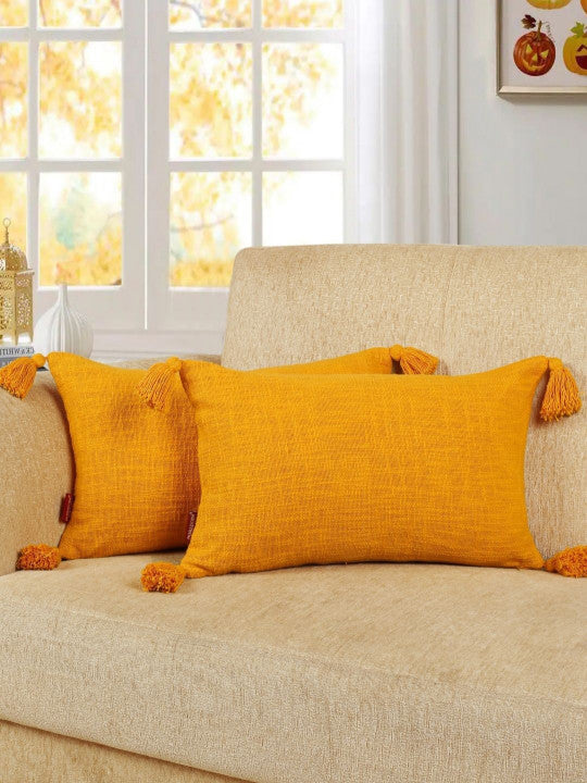 Earthy Yellow Oblong Pillow Cover – Woven Pattern Fabric – 2pc
