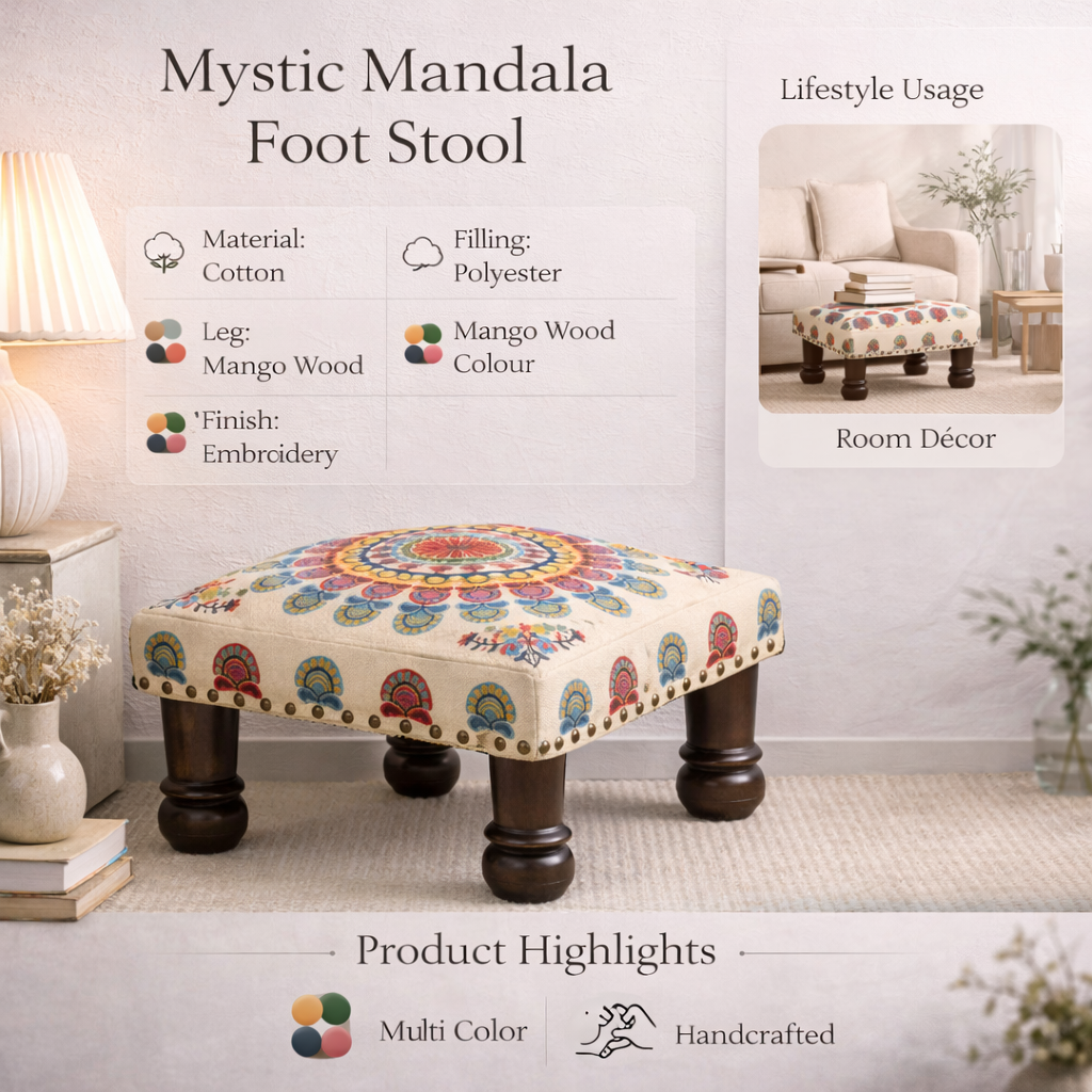 Mystic Mandala Cotton Footstool with Wooden Legs