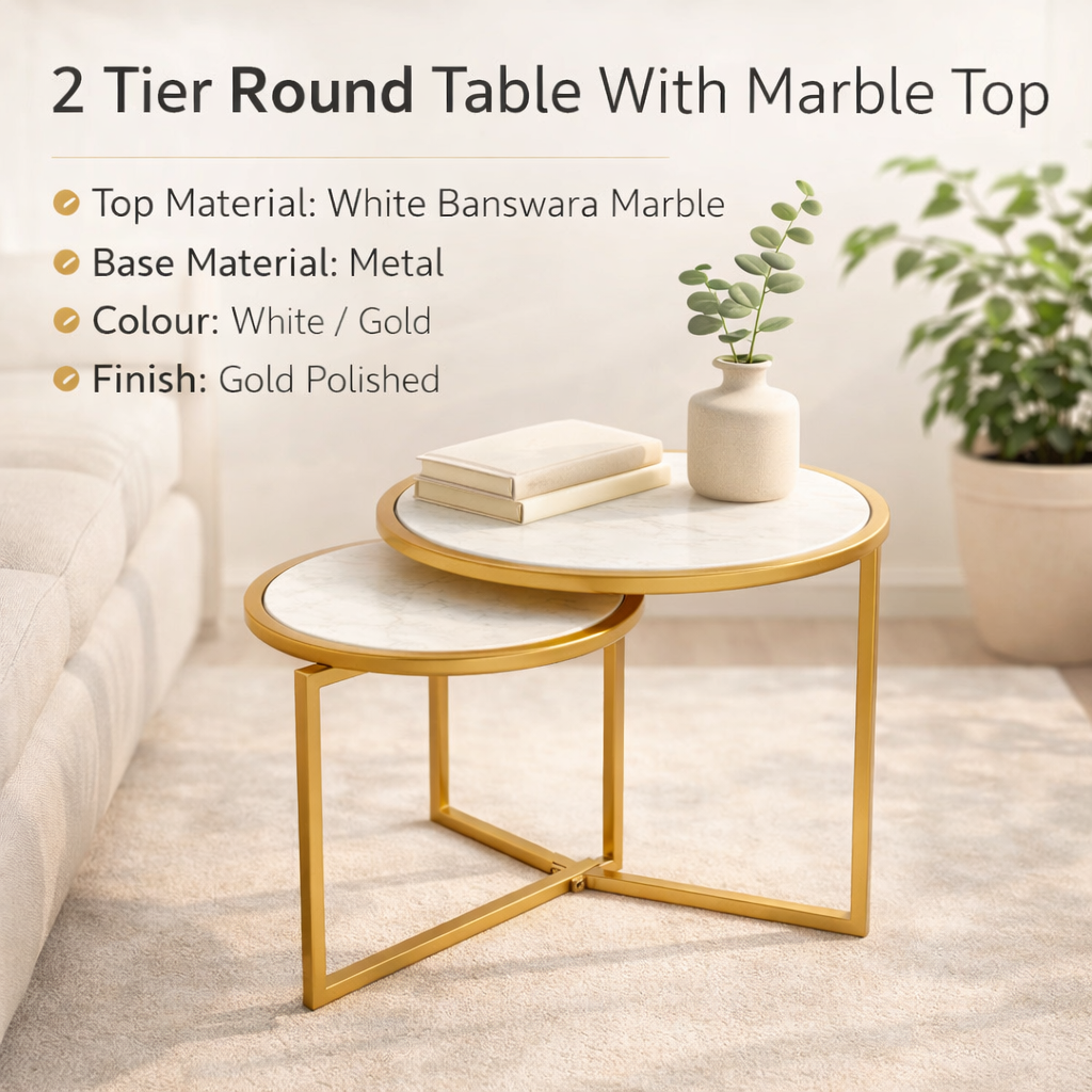 Luxury Round Marble Side Table with Gold Frame – Two Tier