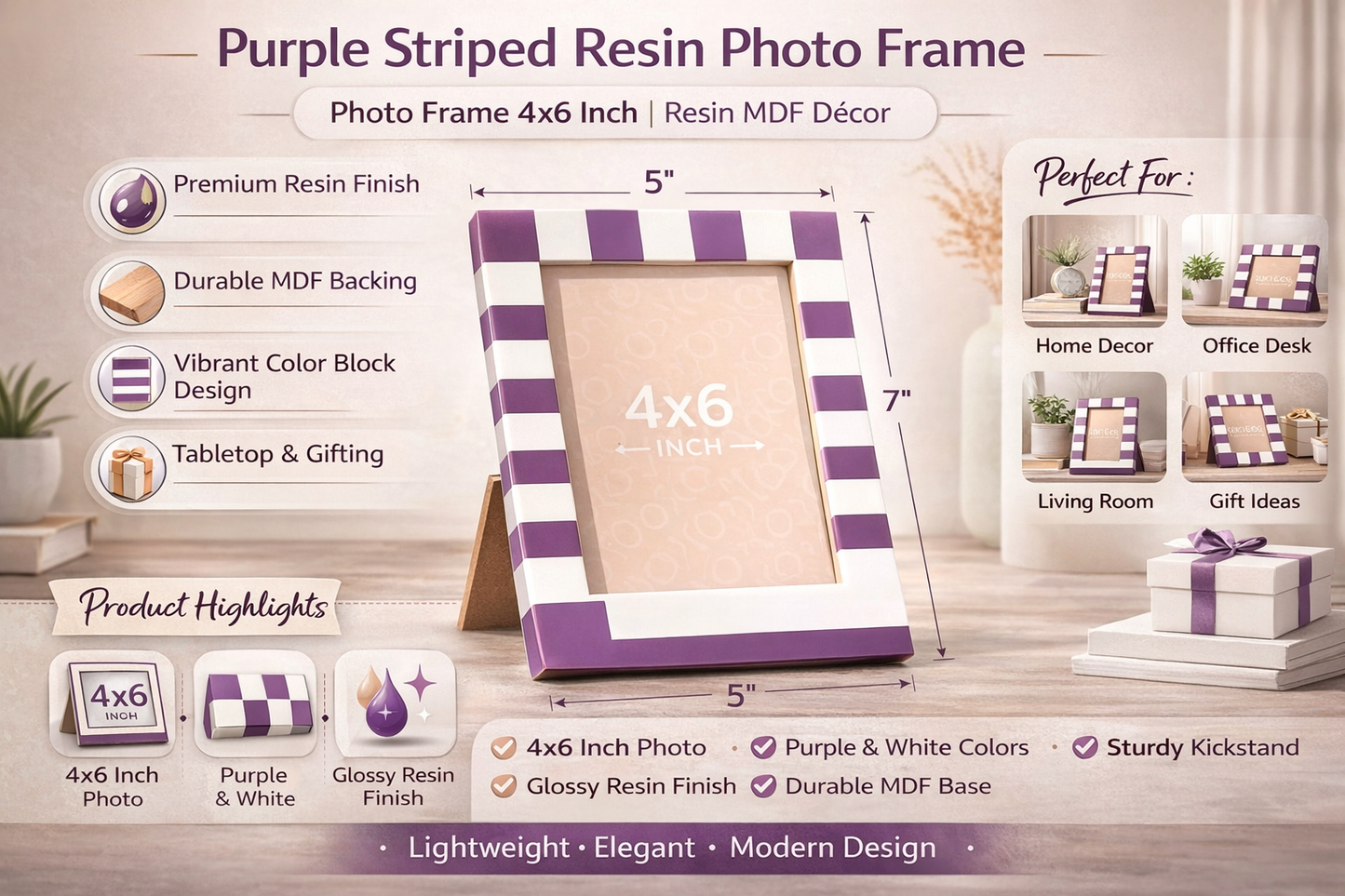 Purple Striped Resin Photo Frame 4x6 Inch Modern Tabletop