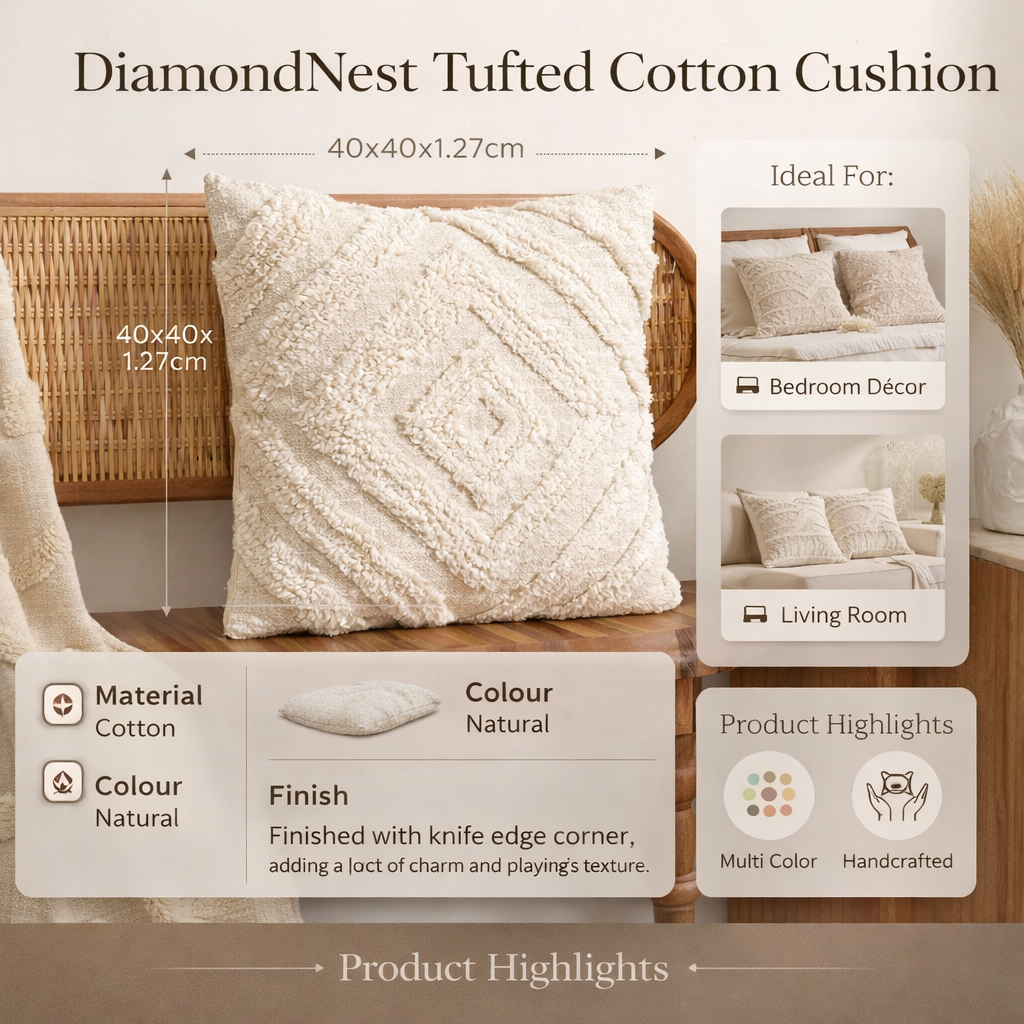 DiamondNest Tufted Cotton Cushion – Natural 40 × 40 cm