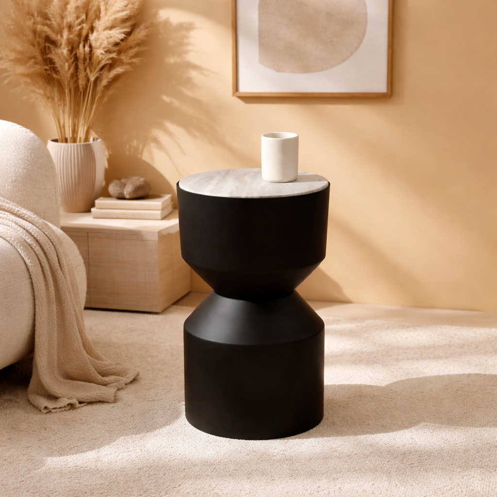 Modern Toronto Marble Drum Side Table with Black Iron Base