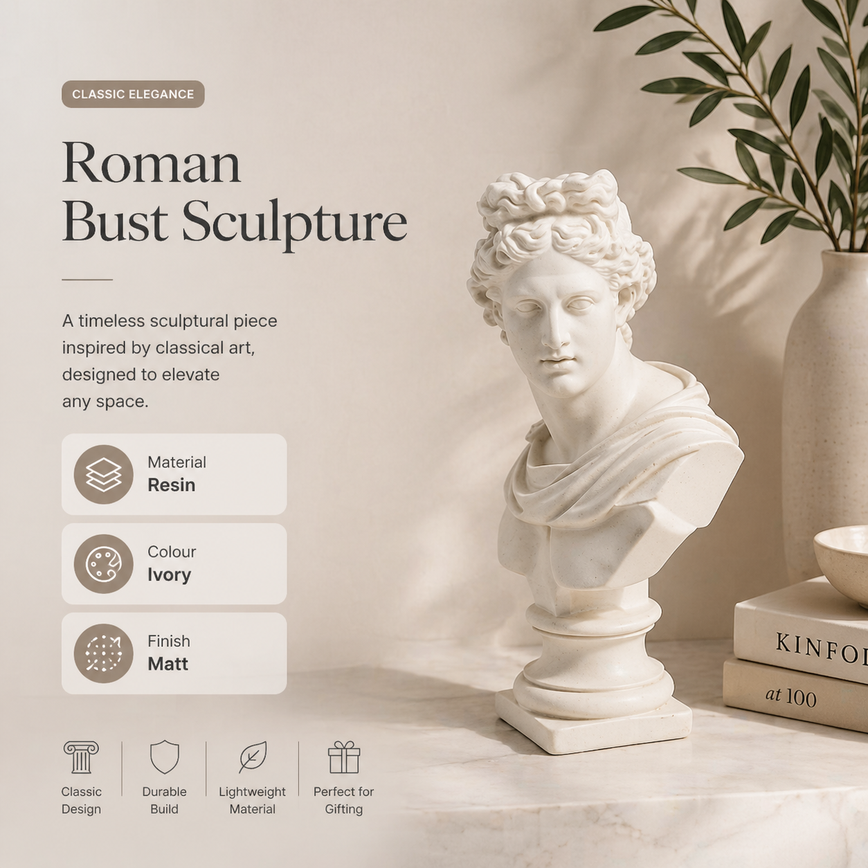 Ivory Greco-Roman Classical Bust Sculpture in Matte Resin