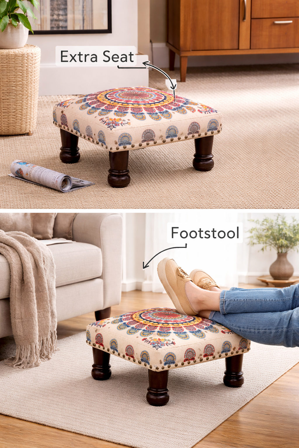 Mystic Mandala Cotton Footstool with Wooden Legs