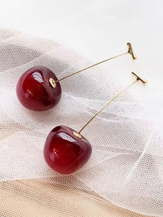 Cherry Dangle Earrings – Red Artificial Beads - Push Back Closure
