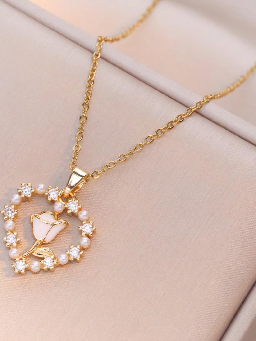 Gold-Plated Heart Pendant Necklace – Fashion Jewellery – Pearl & CZ – Rose Motif Design