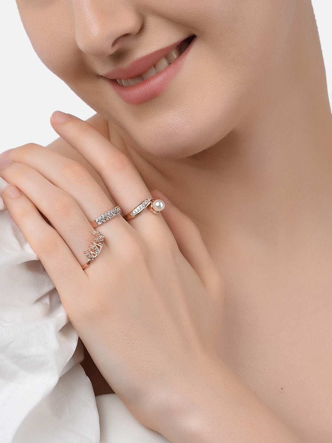 Rose Gold-Plated CZ & Beaded Finger Rings – Adjustable Ring Set – Mixed Finishes – Pack of 3