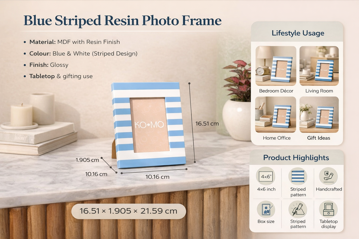 Blue Striped Resin Photo Frame 4x6 Inch Modern Tabletop