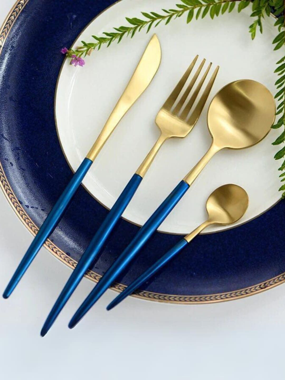 4 pcs Blue & Gold Toned Cutlery Set – Stainless Steel Flatware – Two-Tone Finish