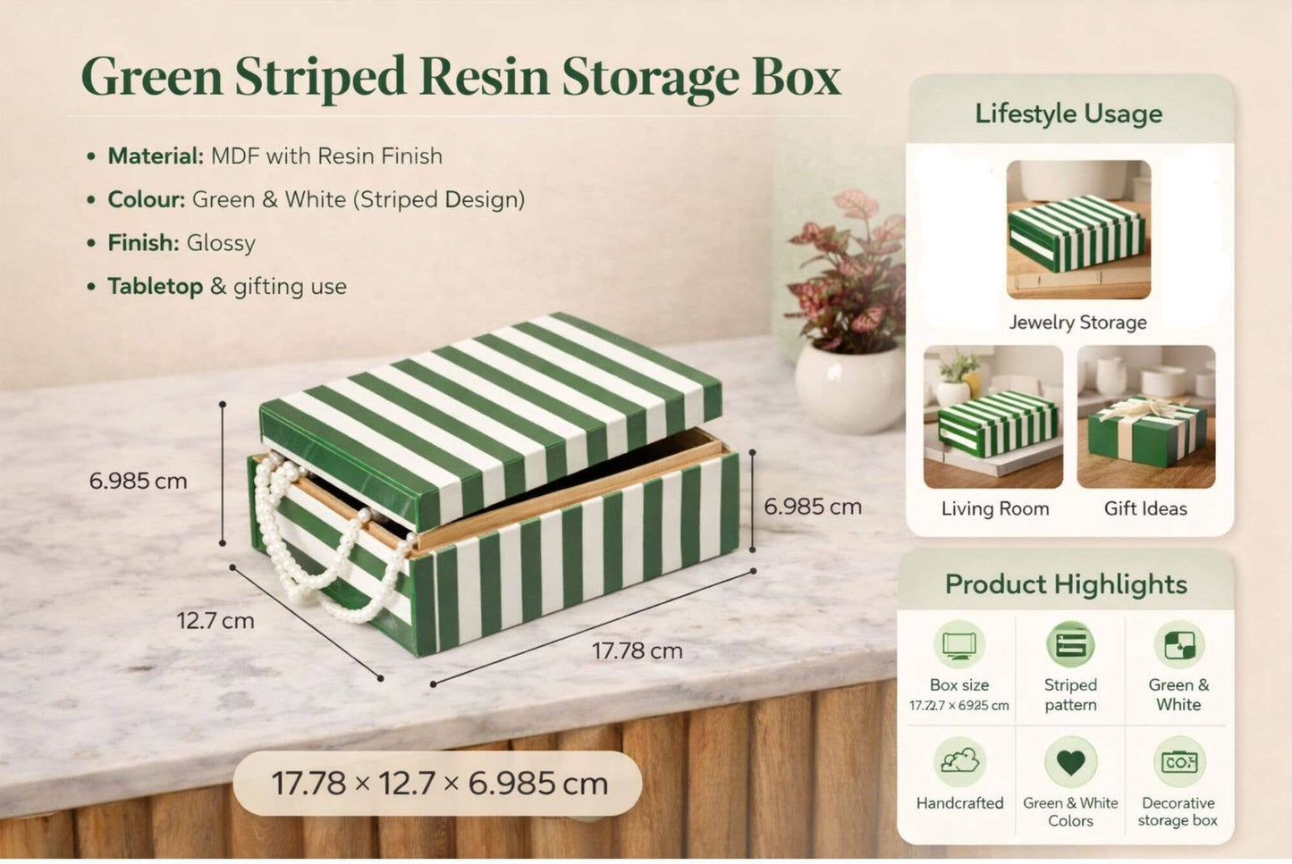 Green Striped Resin Storage Box Modern MDF Decor Organizer
