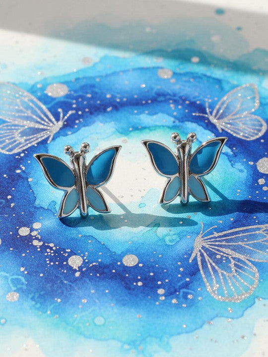 Blue Contemporary Stud Earrings – 925 Sterling Silver – Rhodium Plated Finish – Pair
